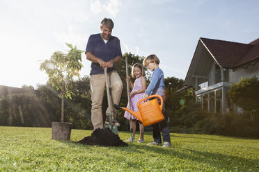 Vater und Kinder pflanzen einen Baum im Garten - RBF002017