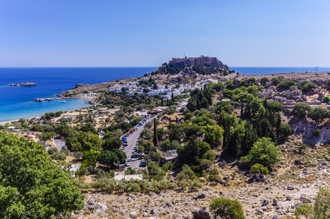Griechenland, Ägäische Inseln, Rhodos, Blick auf die Akropolis, lizenzfreies Stockfoto