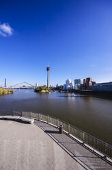 Germany, North Rhine-Westphalia, Duesseldorf, View to Rhine river, Media Harbour and Rhine tower - THAF000955