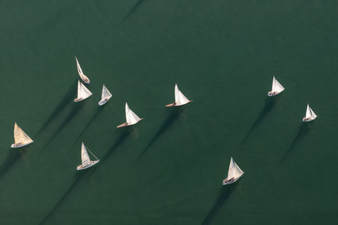 Germany, Baden-Wuerttemberg, Lake Constance, Friedrichshafen, aerial view of sailing boats stock photo