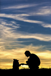 Deutschland, Mann mit Hund, Silhouetten bei Sonnenuntergang - STSF000623