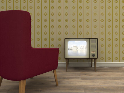 Alter Fernseher und roter Sessel in einem Wohnzimmer im Retro-Stil - UWF000274