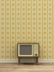 Alter Fernseher vor gelb gemusterter Tapete - UWF000273