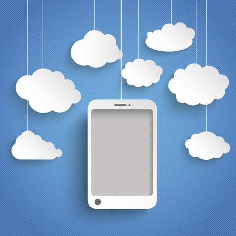 Vektor-Illustration, Smart Phone mit weißen Wolken vor blauem Hintergrund, lizenzfreies Stockfoto