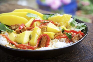 Mango und würziger Tofu in Kokosnuss-Currysauce auf Reis - HAWF000516