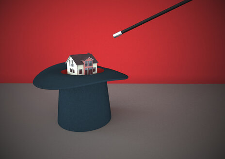 3D Rendering, White house conjured with wand from top hat - ALF000259