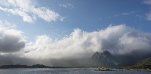 Norway, Nordland, Lofoten, Kabelvag, cloud covered summits of Austvagoya - JBF000200