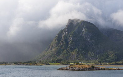 Norway, Nordland, Lofoten, Kabelvag, cloud covered summits of Austvagoya - JBF000201
