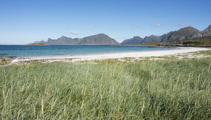 Norwegen, Nordland, Lofoten, Flakstad, Norwegische See mit Insel Flakstadoya - JBF000207