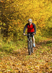 Mann fährt mit dem Mountainbike im herbstlichen Wald - STSF000645