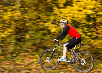 Mann fährt mit dem Mountainbike im herbstlichen Wald - STSF000639