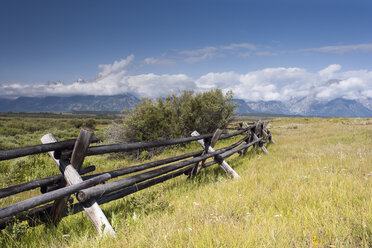 USA, Wyoming, Grand Teton National Park, wooden fence on meadow - NNF000124