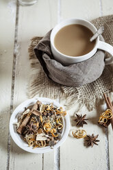 Bowl of Masala chai with almond milk on jute and wood - SBDF001480