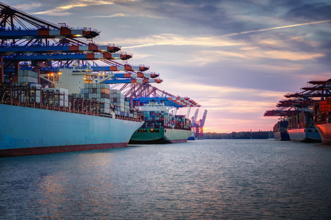 Deutschland, Hamburg, Containerschiffe im Hafen, lizenzfreies Stockfoto