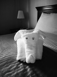 USA, Kalifornien, San Francisco, Handtuch-Elefant im Hotelzimmer - BRF000845