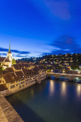 Switzerland, Bern, cityscape with Untertorbruecke, Nydeggkirche and River Aare in the evening - WDF002752