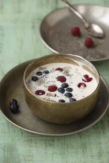 Metallschüssel mit Vanillejoghurt mit Chia, Salvia hispanica, Heidelbeeren und Himbeeren auf grünem Holz - MYF000732