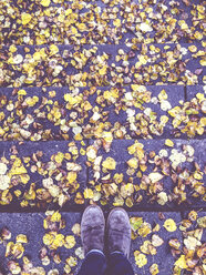 Germany, Feet of woman on stairs with autumn leaves - LVF002416