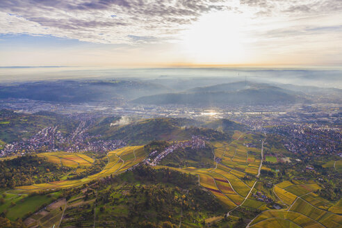 Germany, Baden-Wuerttemberg, Stuttgart, aerial view of Neckar Valley with vineyards - WDF002776