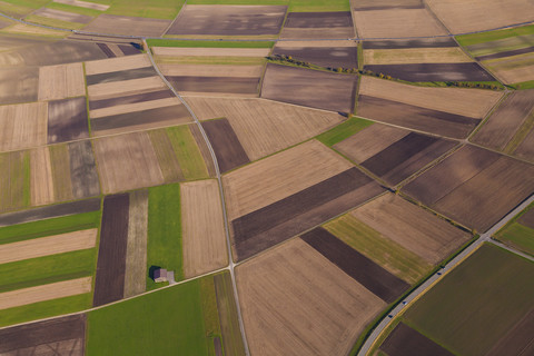 Germany, Baden-Wuerttemberg, aerial view of fields in the Swabian mountains stock photo