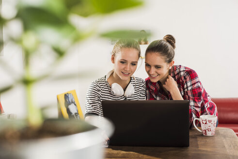 Zwei Freundinnen benutzen einen Laptop zu Hause - UUF002740
