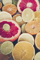 In Scheiben geschnittene Zitrusfrüchte, Orange, Zitrone, Limette, Grapefruit - SARF001134