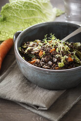 Bowl of beluga lentil stew with savoy, tomatoes and carrots - EVGF001037