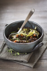 Bowl of beluga lentil stew with savoy, tomatoes and carrots - EVGF001038