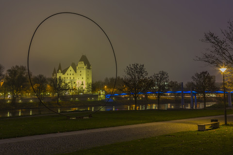 Germany, Bavaria, Ingolstadt, view to lighted New Castle by night stock photo