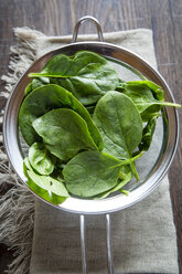 Strainer of fresh baby leaf spinach on cloth and wood - SARF001162