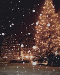 Snowfall now at night, Christmas tree, Leonberg, Baden-Wurttemberg, Germany - SBDF001558