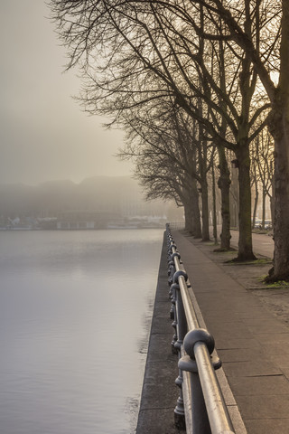 Germany, Hamburg, trees and sidewalk next to the foggy Alster lake stock photo