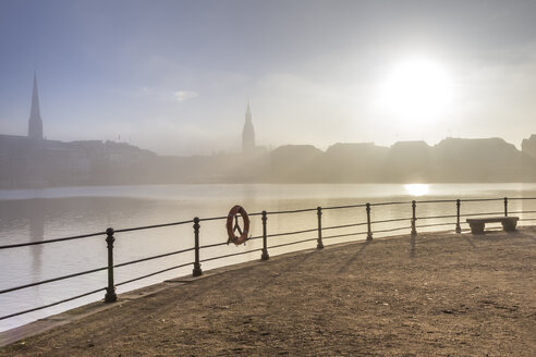 Germany, Hamburg, silhouette of town hall looming through the dense fog over the Alster lake - NKF000218