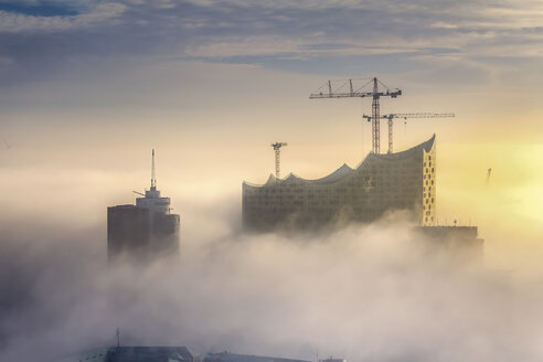 Deutschland, Hamburg, Luftaufnahme der Elbphilharmonie im dichten Nebel - NKF000219