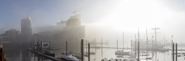 Deutschland, Hamburg, Elbphilharmonie und Hafencity im dichten Nebel - NKF000225