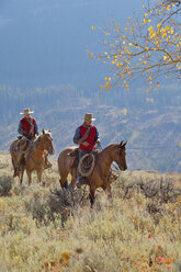 USA, Wyoming, Big Horn Mountains, reitendes Cowgirl und Cowboy im Herbst - RUEF001299