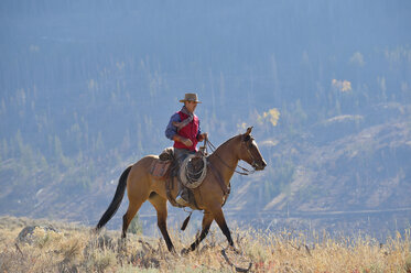 USA, Wyoming, Big Horn Mountains, reitender Cowboy im Herbst - RUEF001303