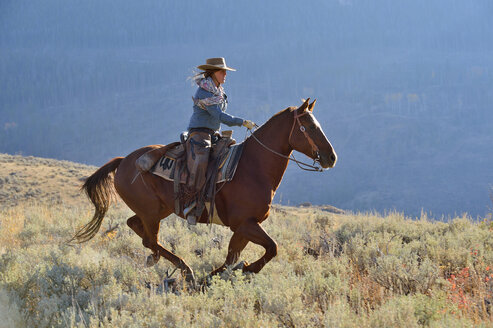 USA, Wyoming, Big Horn Mountains, reitendes Cowgirl im Herbst - RUEF001324