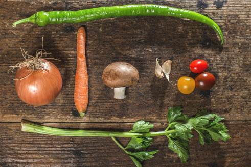 Kochzutaten: Zwiebeln, Karotten, Knoblauch, Champignons, Tomaten, Sellerie und grüne Chilischoten - DEGF000078