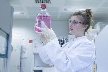 Biologist in laboratory looking at culture bottle - SGF001271