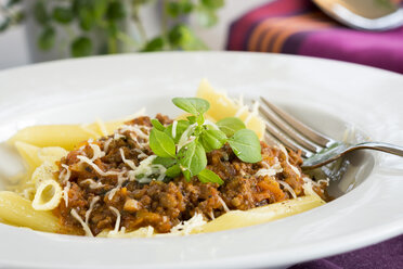 Gericht aus Penne mit hausgemachter Bolognese, Parmesan und Basilikum - JUNF000094