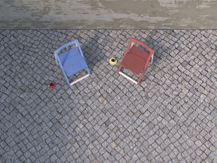 Two folding chairs and cups of coffee on pavement at courtyard, 3D Rendering - UWF000303