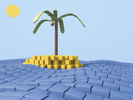 Insel mit Kokosnusspalme aus Bauklötzen, 3D Rendering - UWF000291