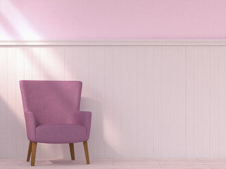 Armchair standing in front of wooden wall cladding, 3D Rendering - UWF000294