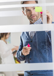 Businessman with adhesive notes at glass pane - UUF002958