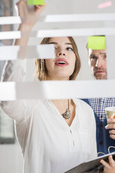 Businessman and businesswoman with adhesive notes at glass pane - UUF002963