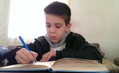 Boy doing homework, writing in notebook - DEGF000099