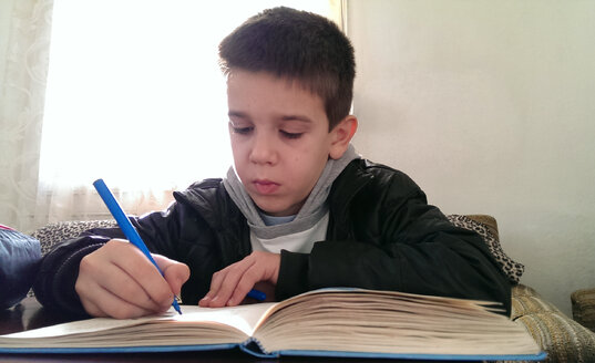 Junge bei den Hausaufgaben, schreibt in ein Notizbuch - DEGF000099
