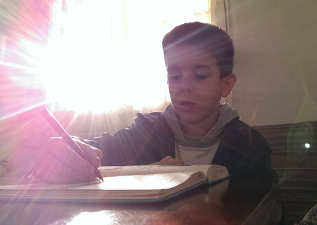 Boy doing homework, writing in notebook - DEGF000100