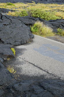 USA, Hawaii, Big Island, Volcanoes National Park, erstarrte Lava auf der Fahrbahn der alten Chain of Craters Road - BRF000943